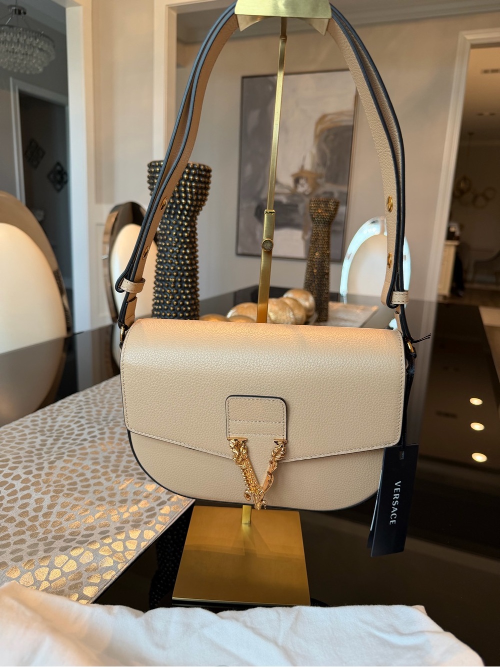 Versace Virtus Leather Shoulder/Crossbody Bag with Gold Chain V Accent